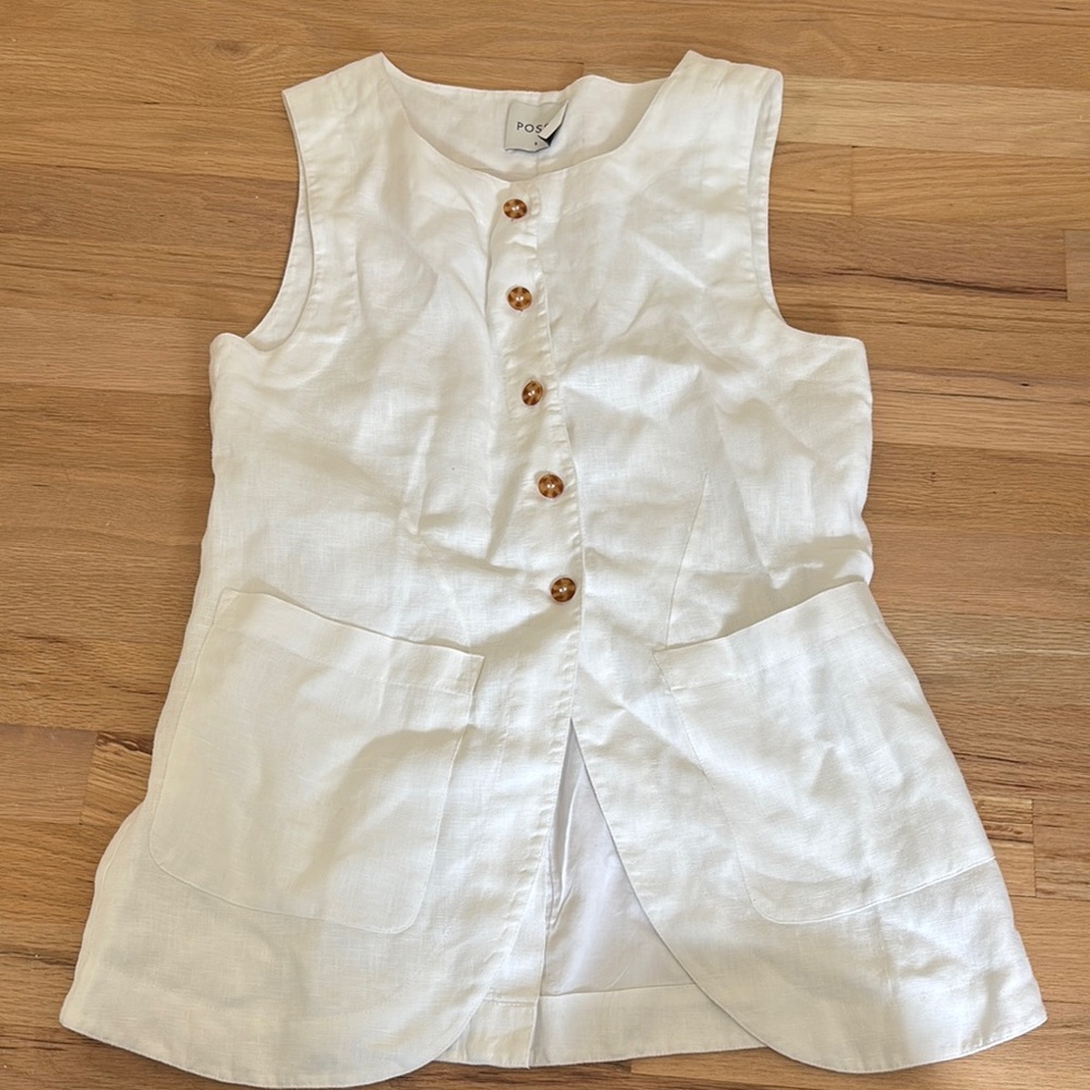 Posse White Linen Vest/Sleeveless Button-Down Top